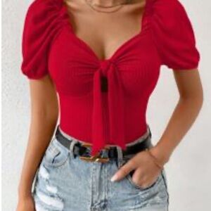 Red Tie-Front Puff Sleeve Top